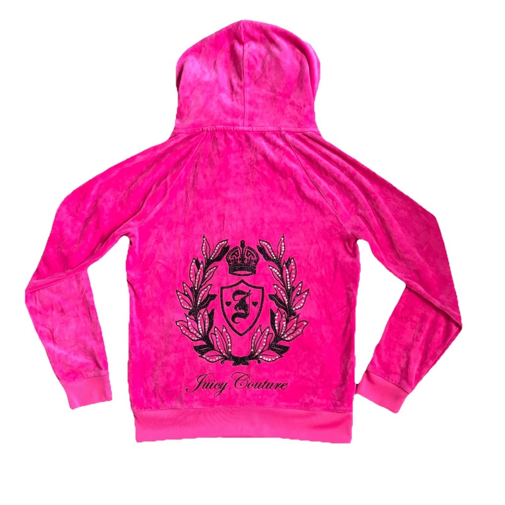 Juicy Couture Velour Vintage Y2K Pink Hoodie Jewel Crest Emblem‎ Dog Couturist M